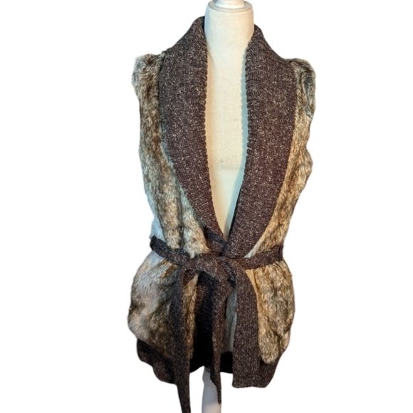 Cripple Creek Fur Vest brown/Tan Chic faux fur sweater knit belted NWT Sz M - Picture 10 of 11